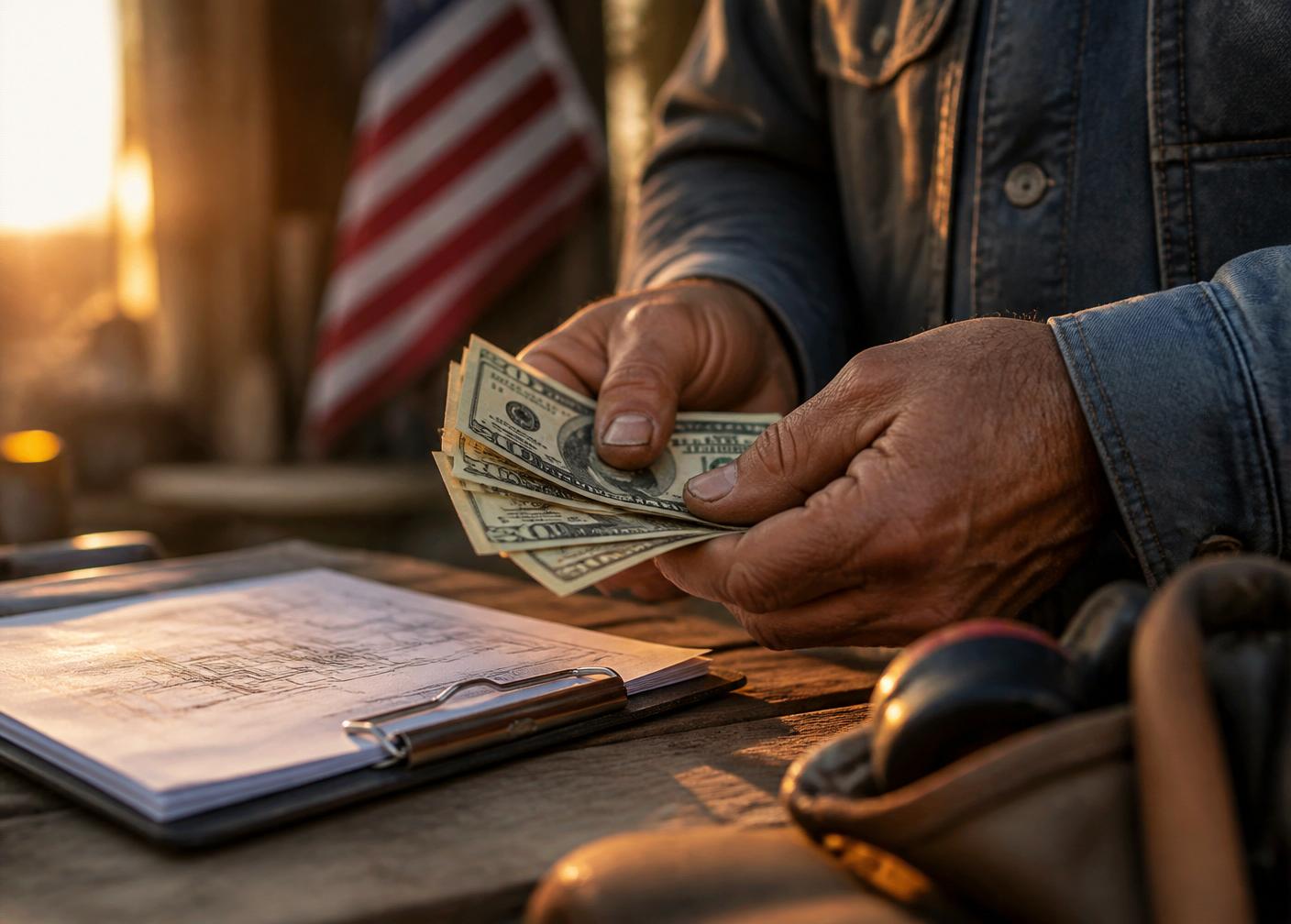 Tradesman counting cash next to a clipboard with an American flag in the background