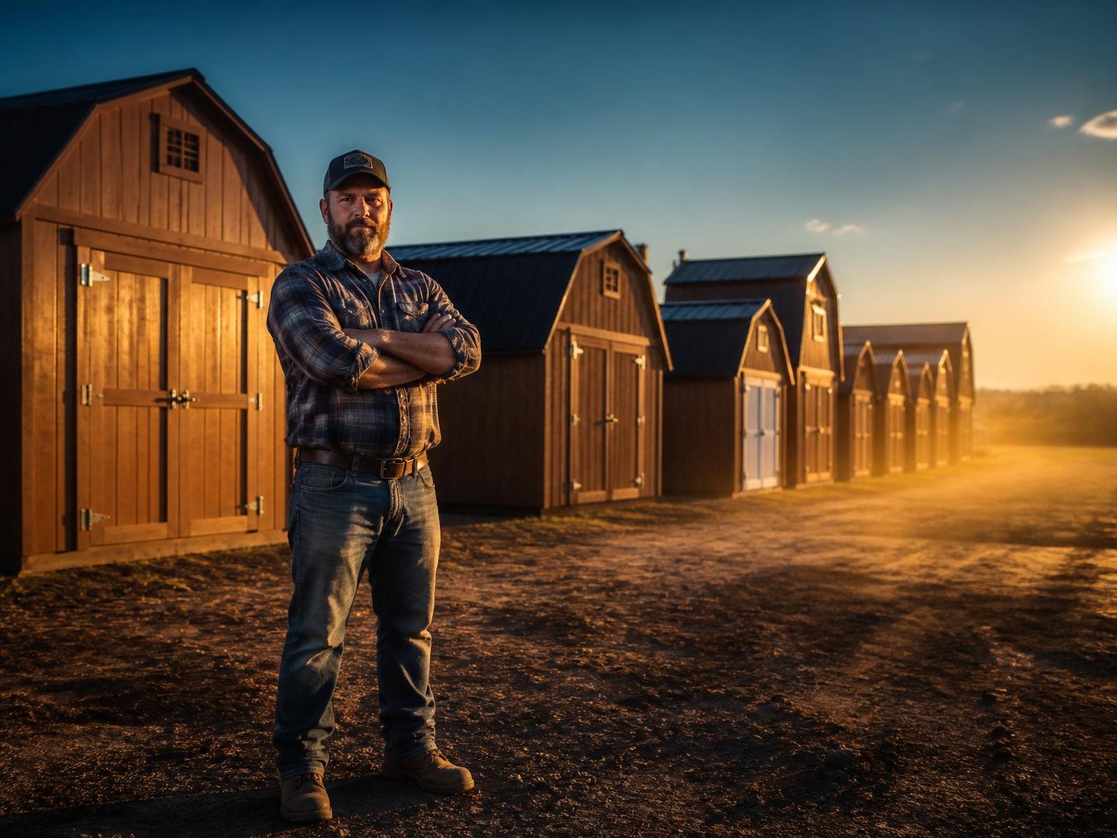 American shed builder standing in front of a row of newly built sheds at golden hour